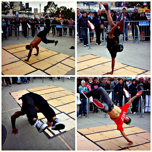 Break dancers on the pier